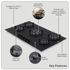 90cm Gas Hob Matt Black Glass 5 Burners Cast Iron Supports & Auto Ignition 10.4kW DH385