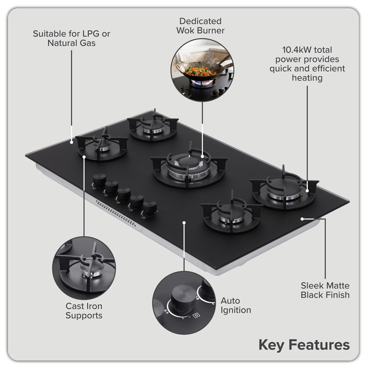 90cm Gas Hob Matt Black Glass 5 Burners Cast Iron Supports & Auto Ignition 10.4kW DH385