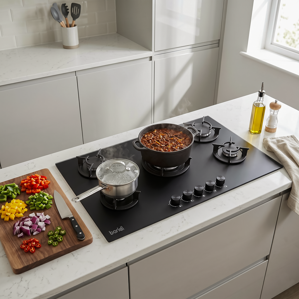90cm Gas Hob Matt Black Glass 5 Burners Cast Iron Supports & Auto Ignition 10.4kW DH385