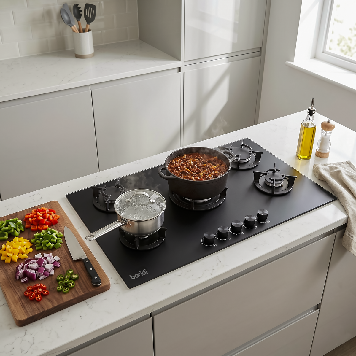 90cm Gas Hob Matt Black Glass 5 Burners Cast Iron Supports & Auto Ignition 10.4kW DH385