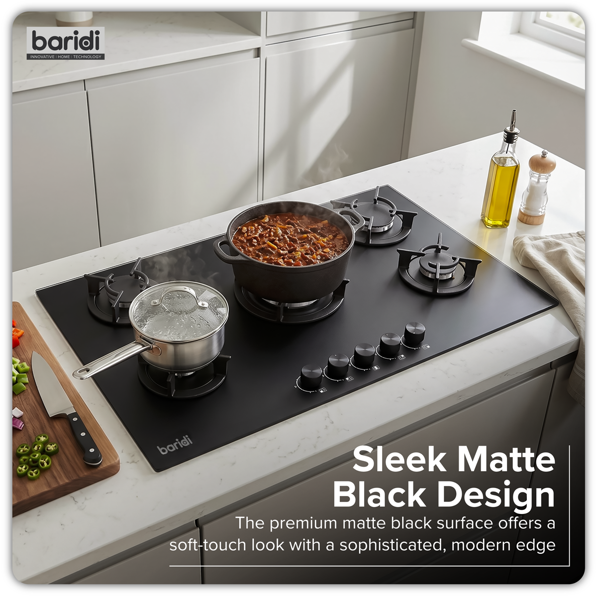 90cm Gas Hob Matt Black 5 Burners Cast Iron Supports & Auto Ignition 10.4kW DH385