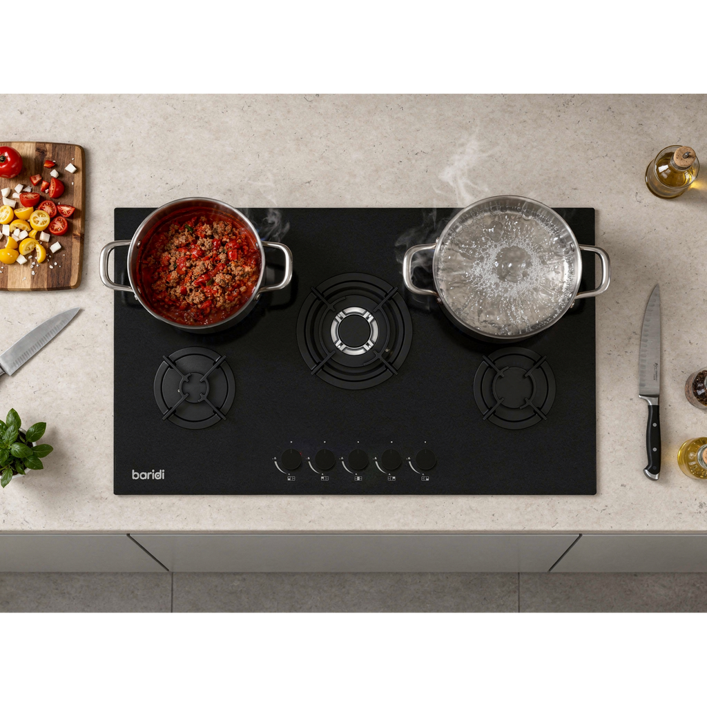 90cm Gas Hob Matt Black Glass 5 Burners Cast Iron Supports & Auto Ignition 10.4kW DH385