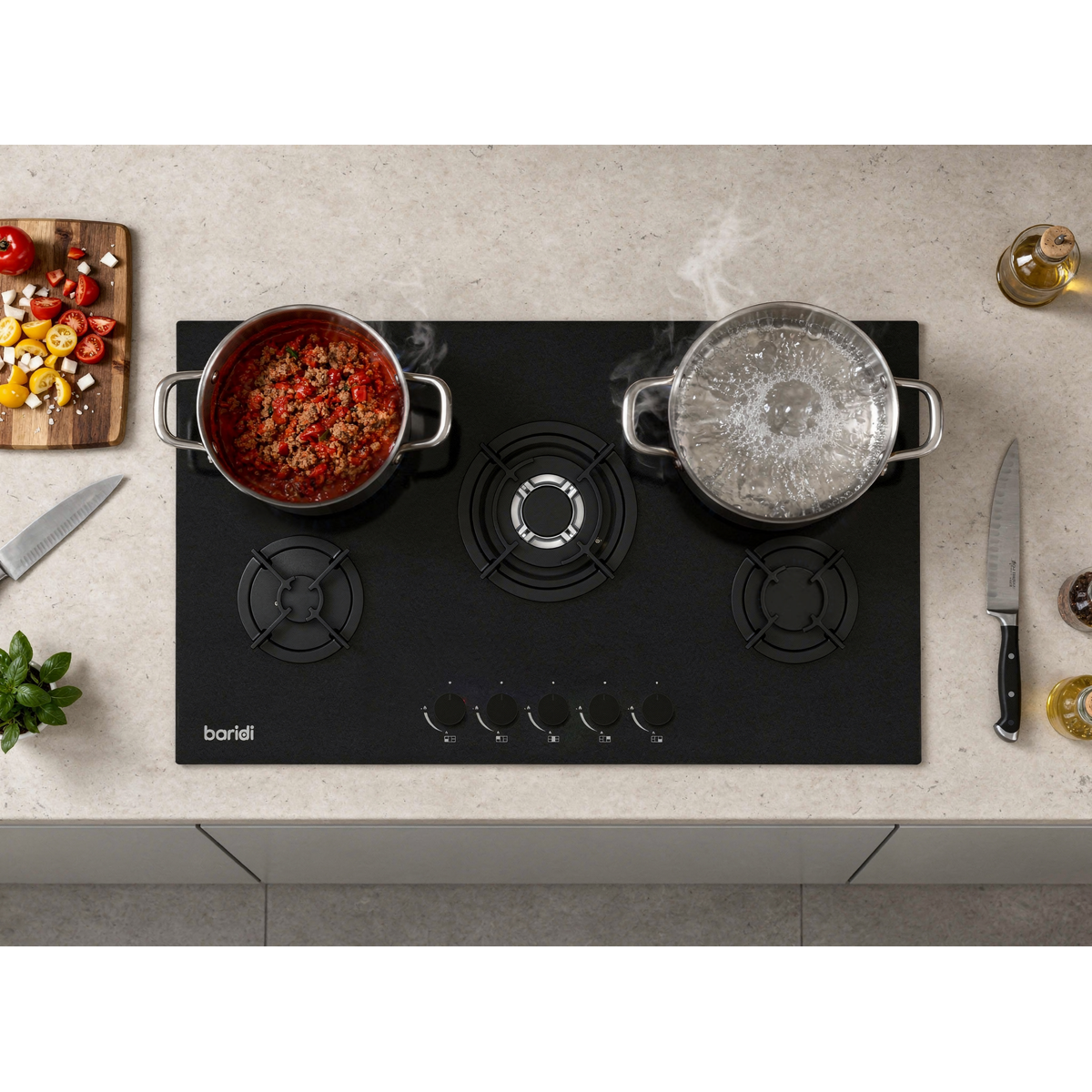 90cm Gas Hob Matt Black Glass 5 Burners Cast Iron Supports & Auto Ignition 10.4kW DH385