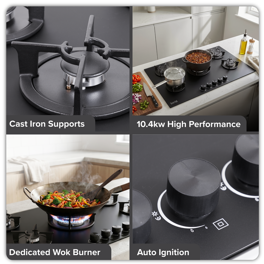 90cm Gas Hob Matt Black Glass 5 Burners Cast Iron Supports & Auto Ignition 10.4kW DH385