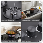 90cm Gas Hob Matt Black Glass 5 Burners Cast Iron Supports & Auto Ignition 10.4kW DH385