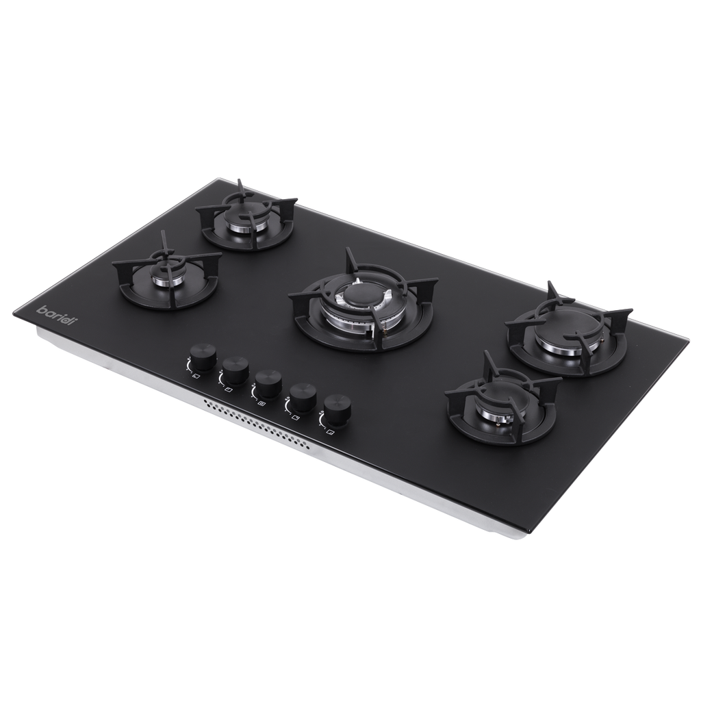 90cm Gas Hob Matt Black Glass 5 Burners Cast Iron Supports & Auto Ignition 10.4kW DH385