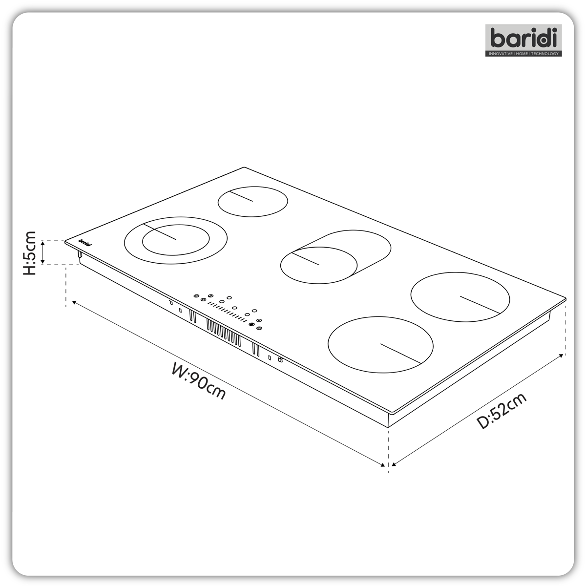 Integrated Ceramic Hob with 5 Cooking Zones 90cm - Black Glass DH389