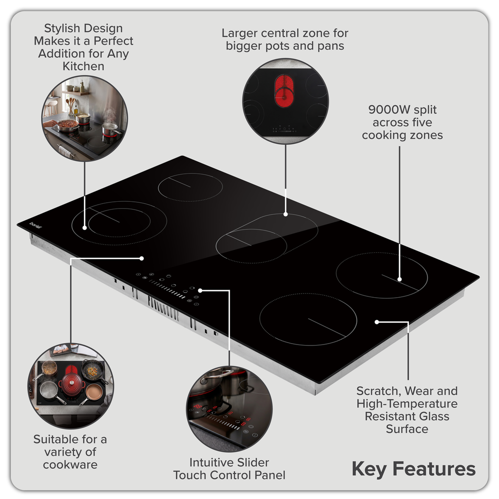 Integrated Ceramic Hob with 5 Cooking Zones 90cm - Black Glass DH389