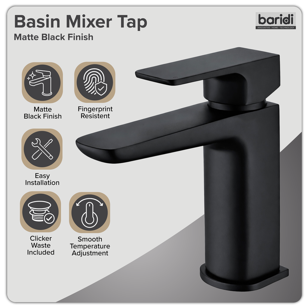 Basin Mixer Tap with Clicker Waste - Matt Black DH393