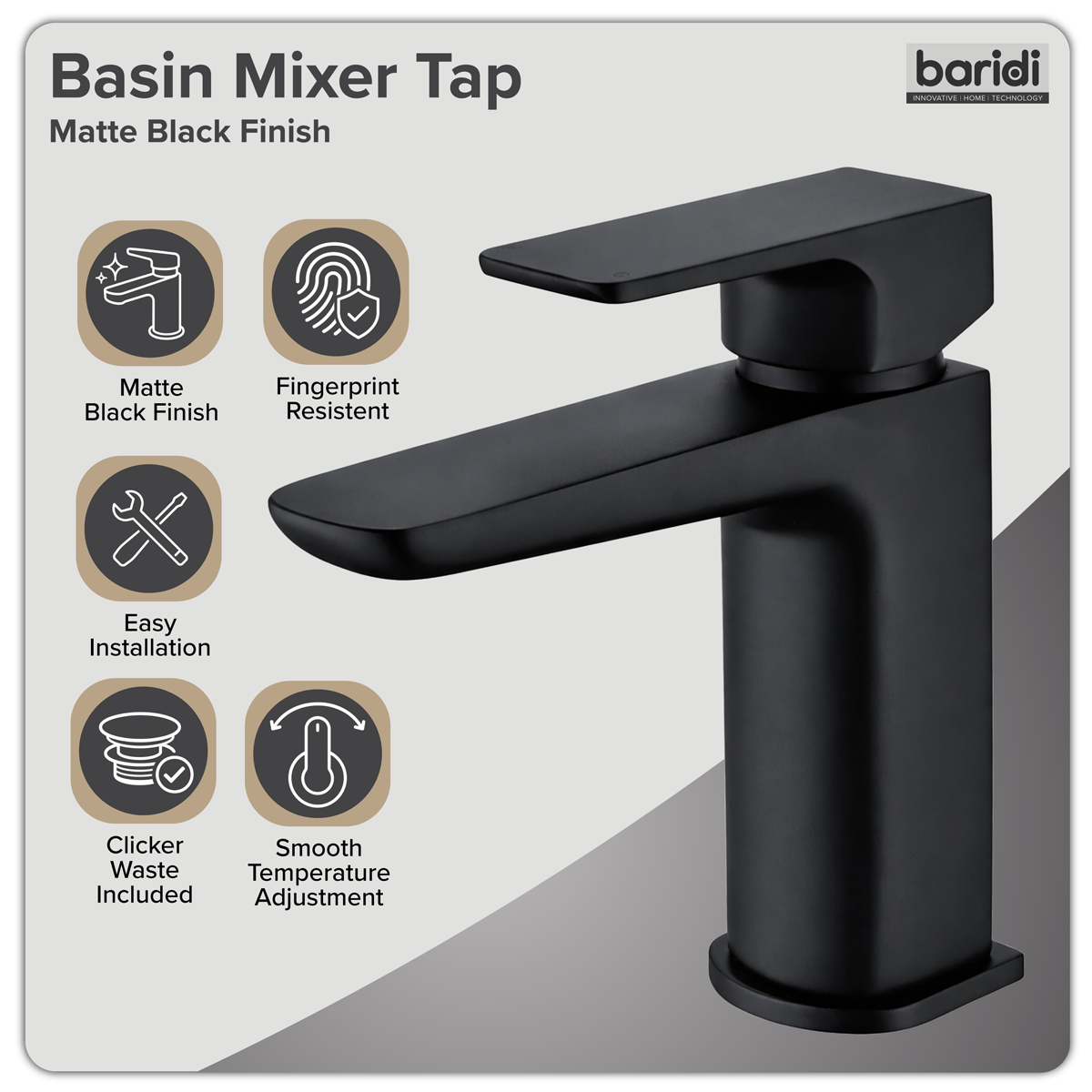 Basin Mixer Tap with Clicker Waste - Matt Black DH393