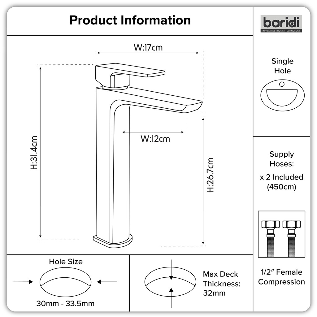 High Basin Mixer Tap with Clicker Waste - Chrome DH394