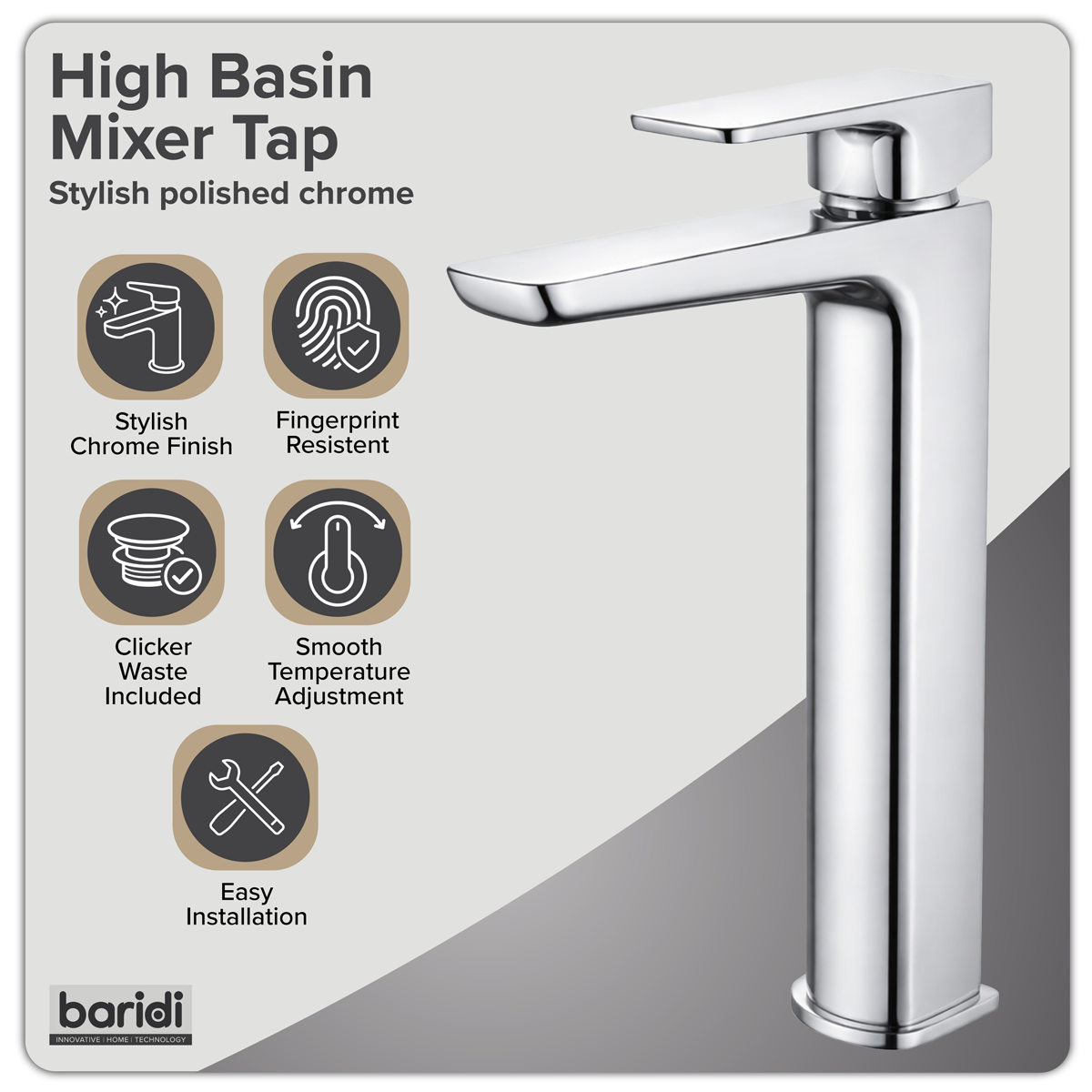 High Basin Mixer Tap with Clicker Waste - Chrome DH394