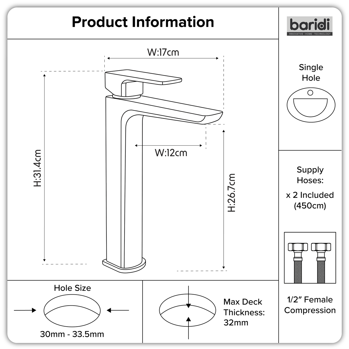 High Basin Mixer Tap with Clicker Waste - Matt Black DH395