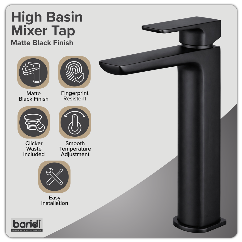 High Basin Mixer Tap with Clicker Waste - Matt Black DH395