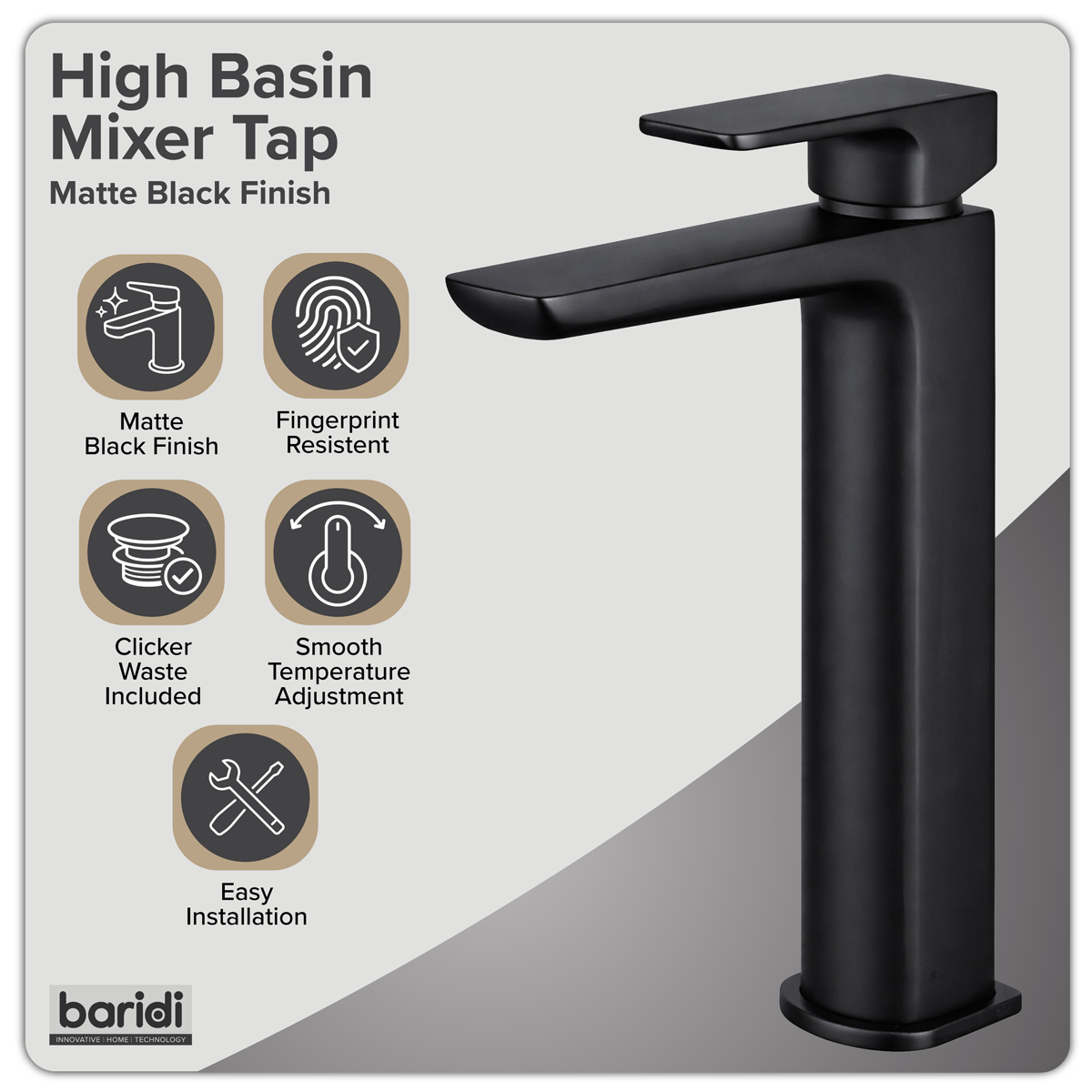 High Basin Mixer Tap with Clicker Waste - Matt Black DH395