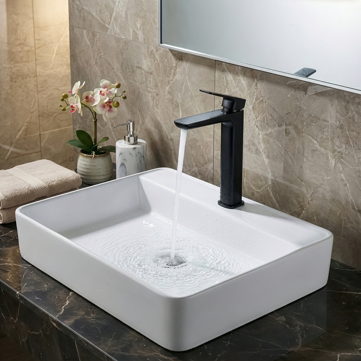 High Basin Mixer Tap with Clicker Waste - Matt Black DH395