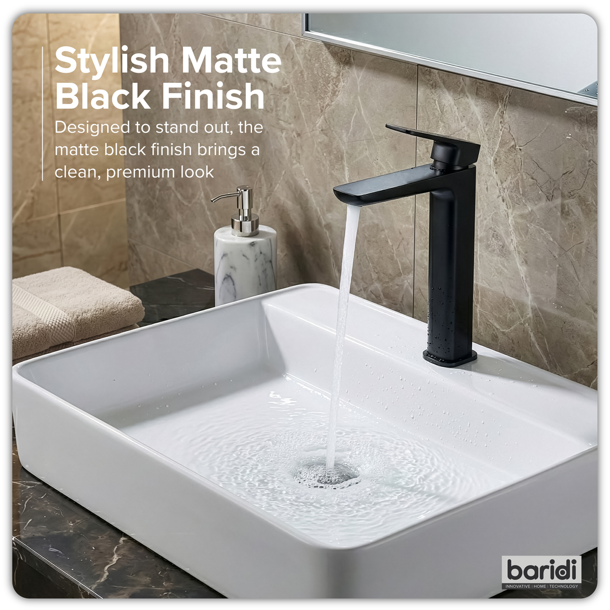 High Basin Mixer Tap with Clicker Waste - Matt Black DH395