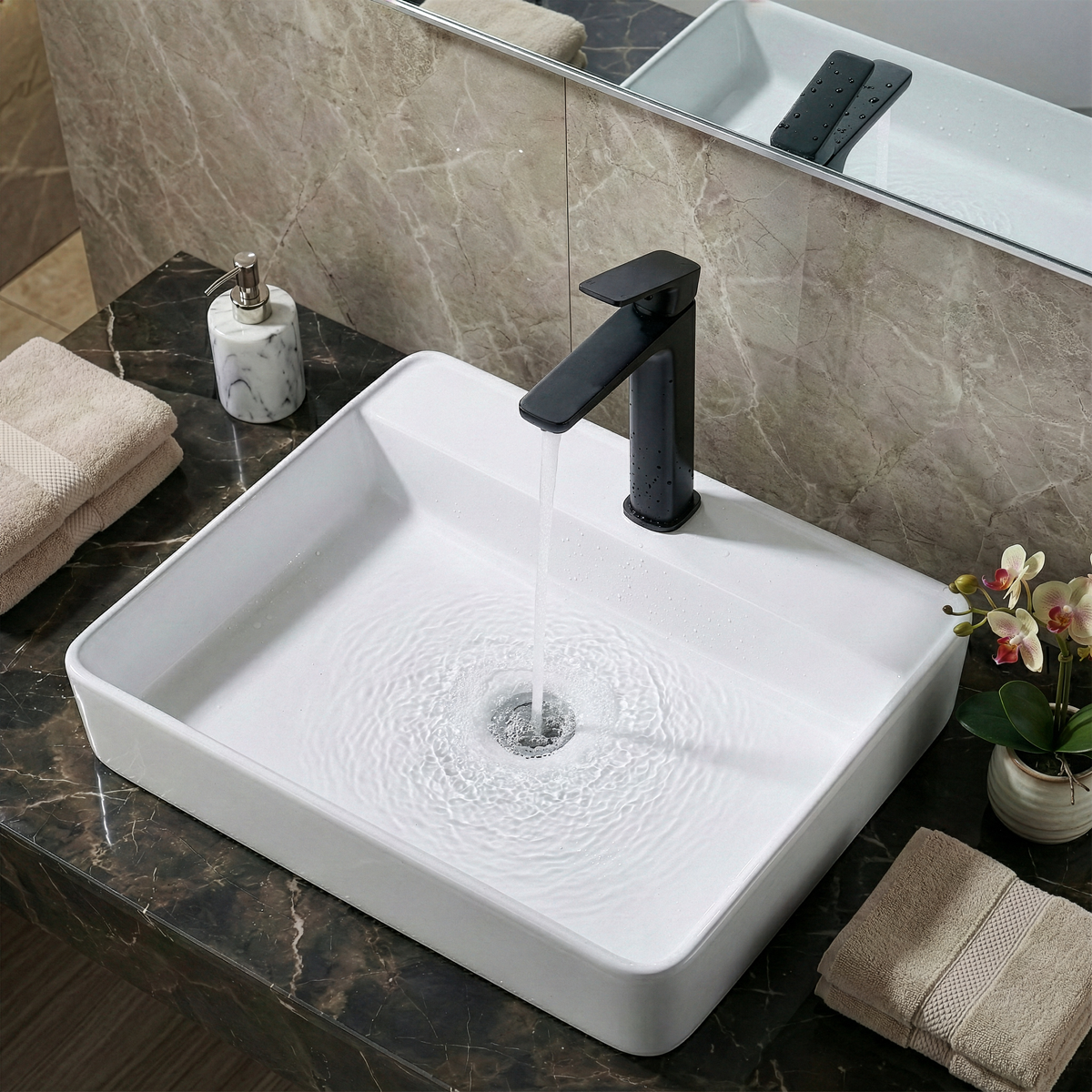 High Basin Mixer Tap with Clicker Waste - Matt Black DH395