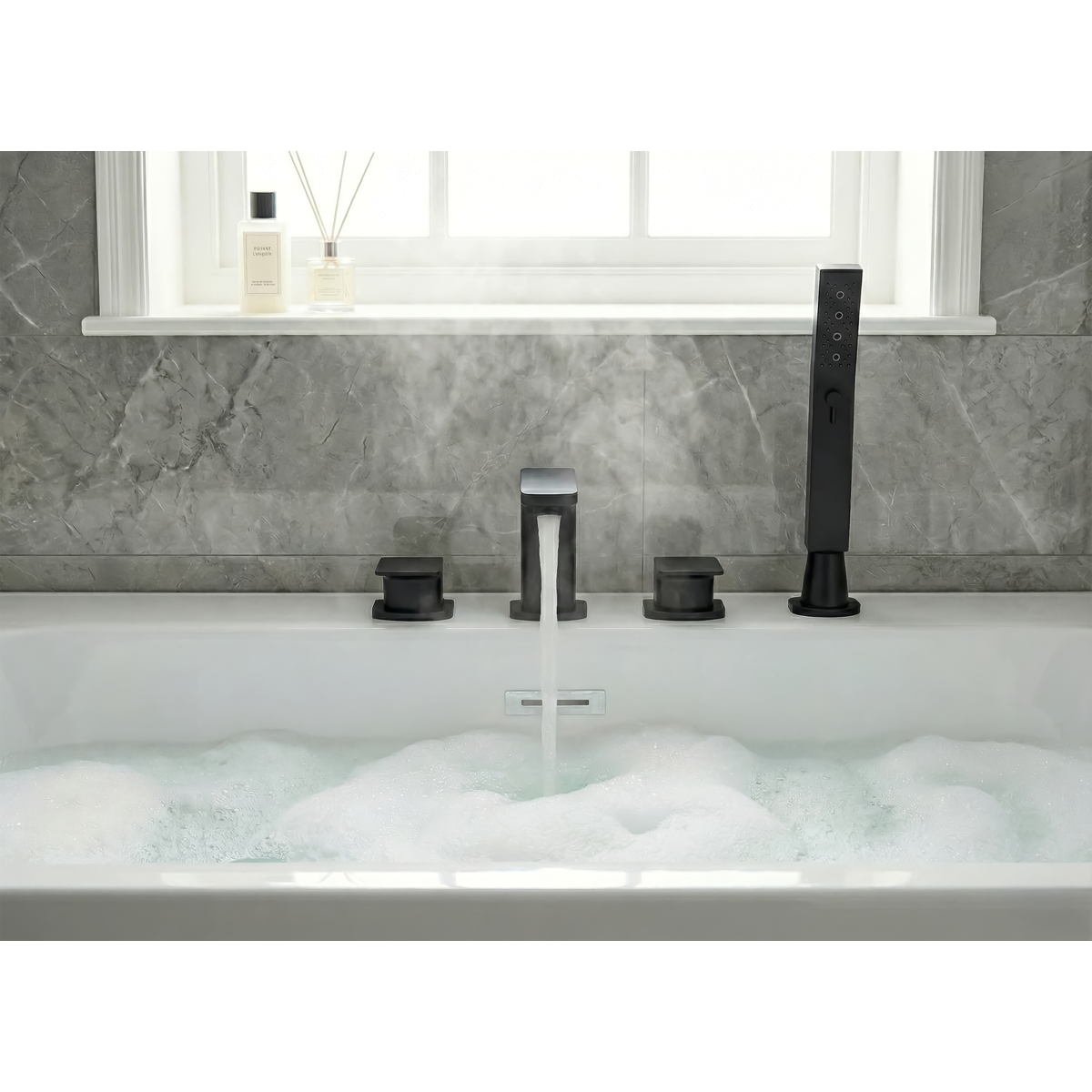 Bath Mounting 4-Hole Mixer Tap with Shower Head - Matt Black DH399
