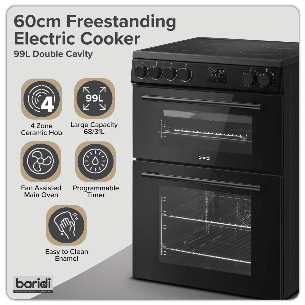 60cm Freestanding Cooker with 99L Double Cavity & Ceramic Hob - Black DH429