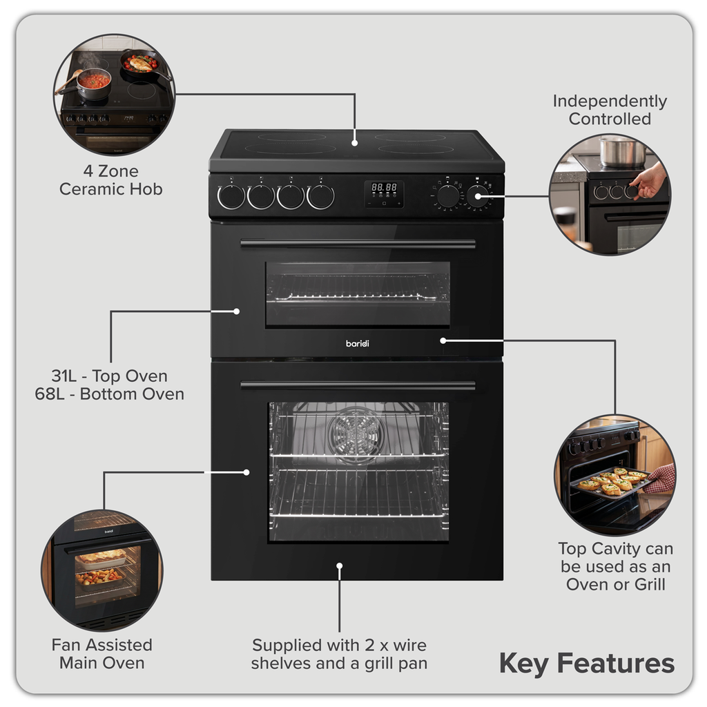 60cm Freestanding Cooker with 99L Double Cavity & Ceramic Hob - Black DH429