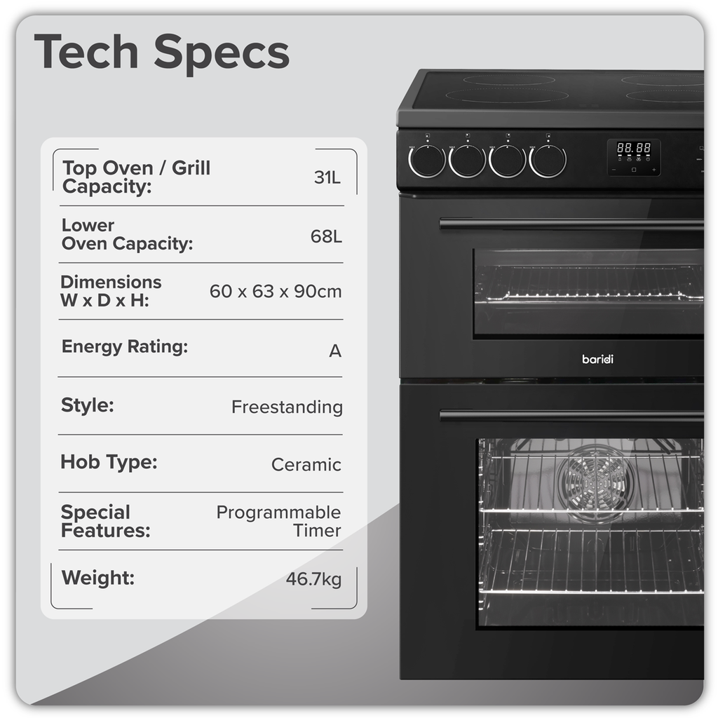 60cm Freestanding Cooker with 99L Double Cavity & Ceramic Hob - Black DH429