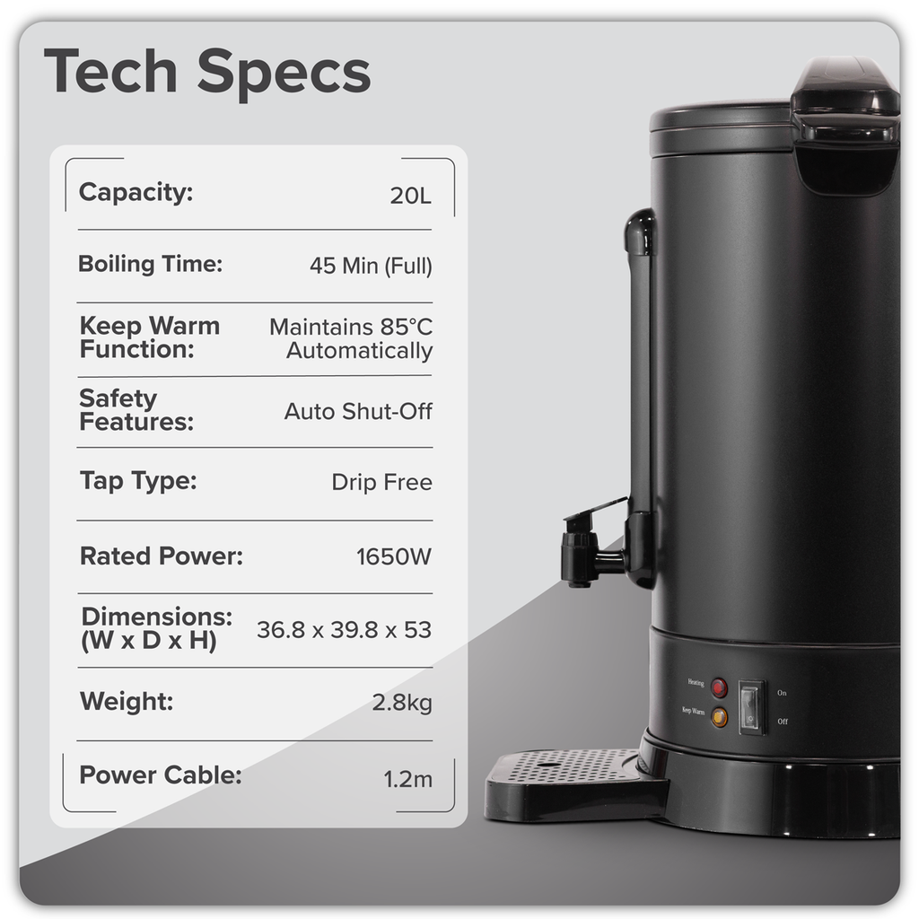 Hot Water Boiler/Tea Urn, 20L Capacity - Black DH431