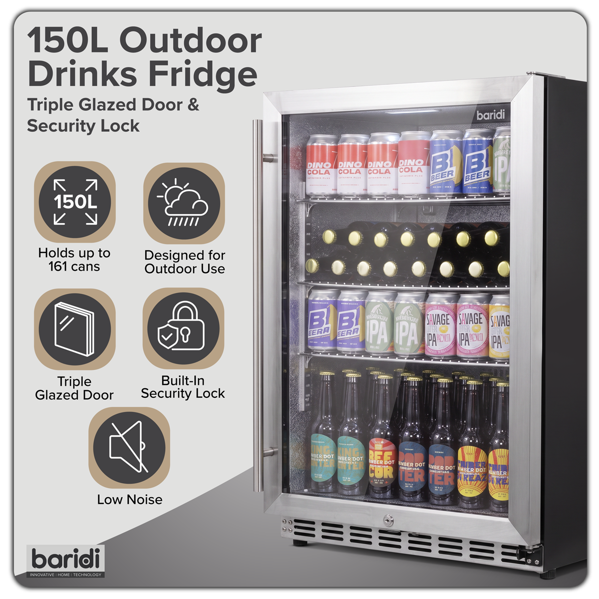 Outdoor Drinks/Beverage/Bar Fridge with Triple Glazed Door & Security Lock 150L - Stainless Steel DH439