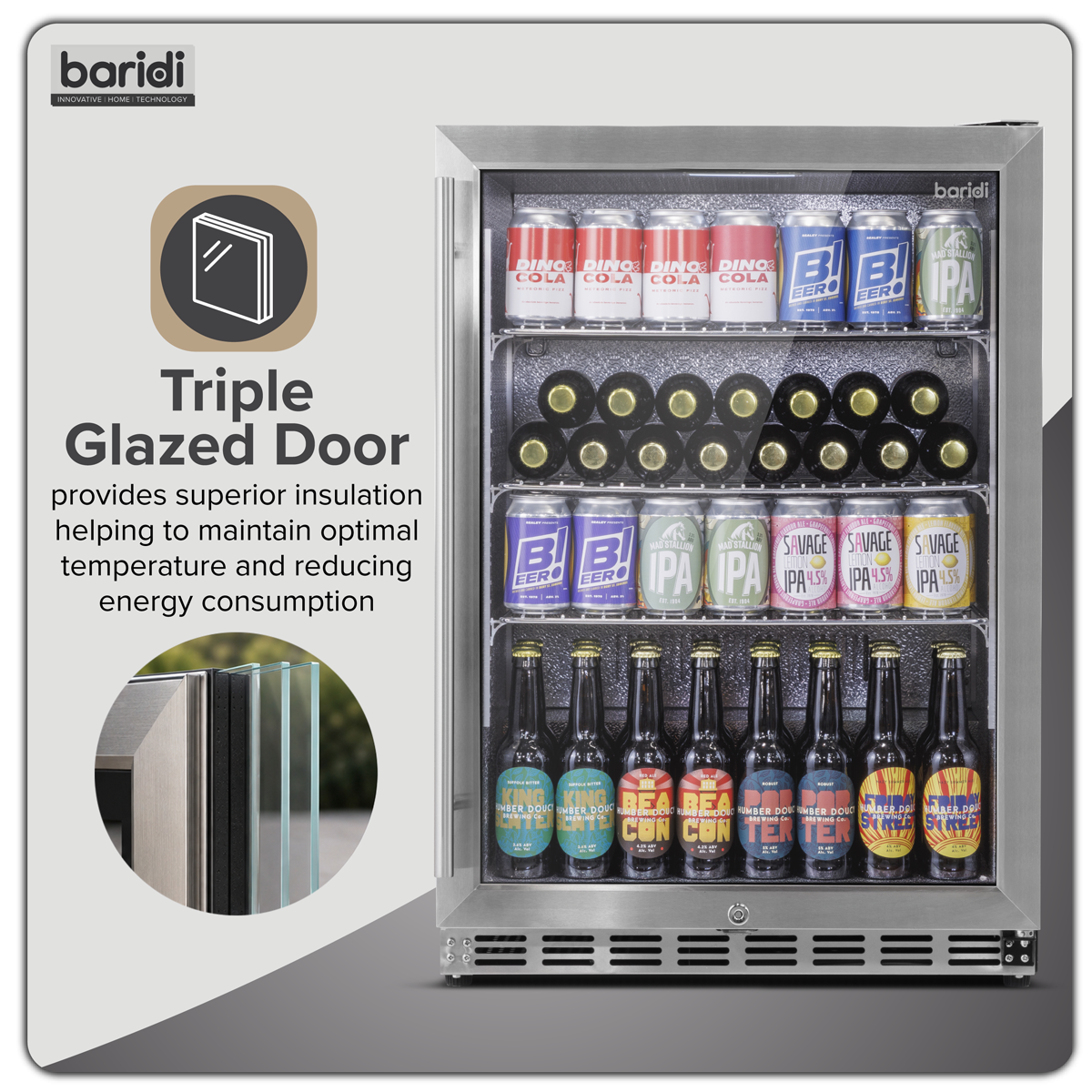 Outdoor Drinks/Beverage/Bar Fridge with Triple Glazed Door & Security Lock 150L - Stainless Steel DH439
