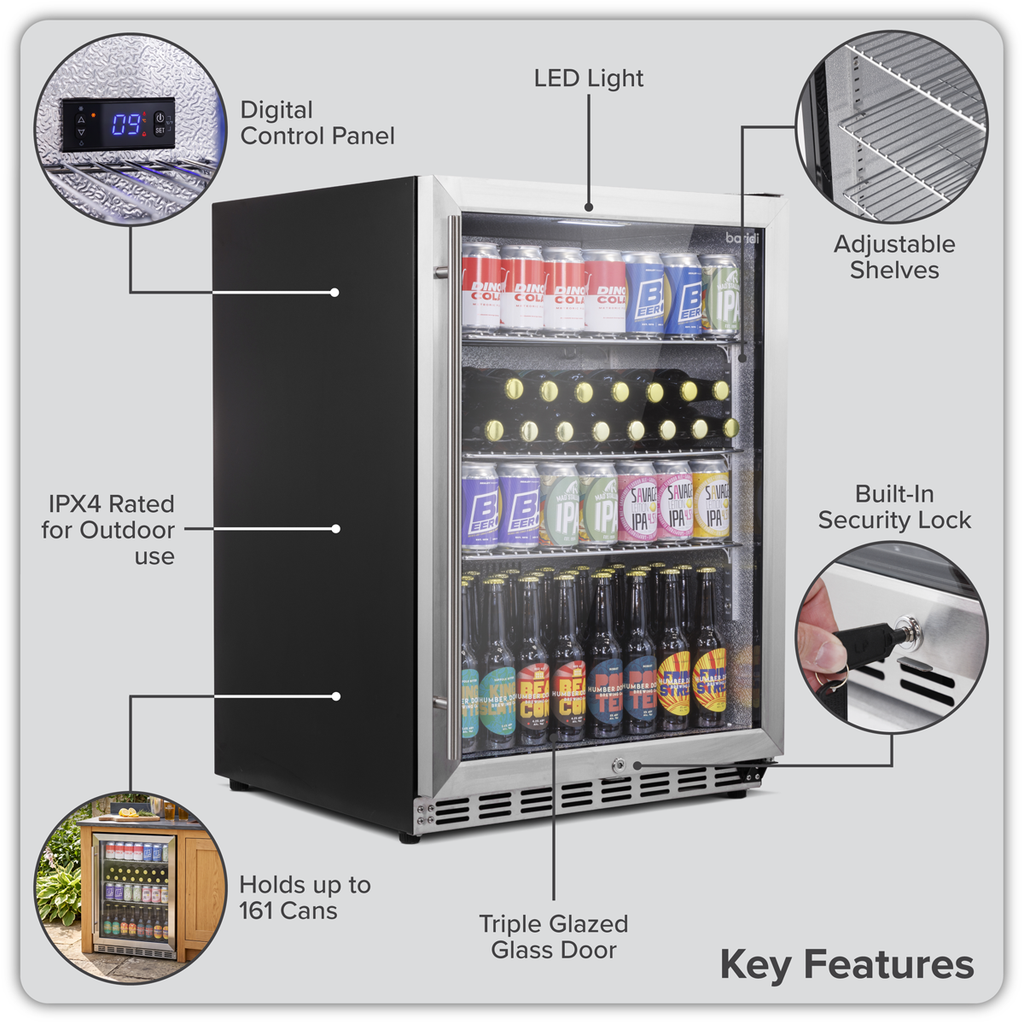 Outdoor Drinks/Beverage/Bar Fridge with Triple Glazed Door & Security Lock 150L - Stainless Steel DH439