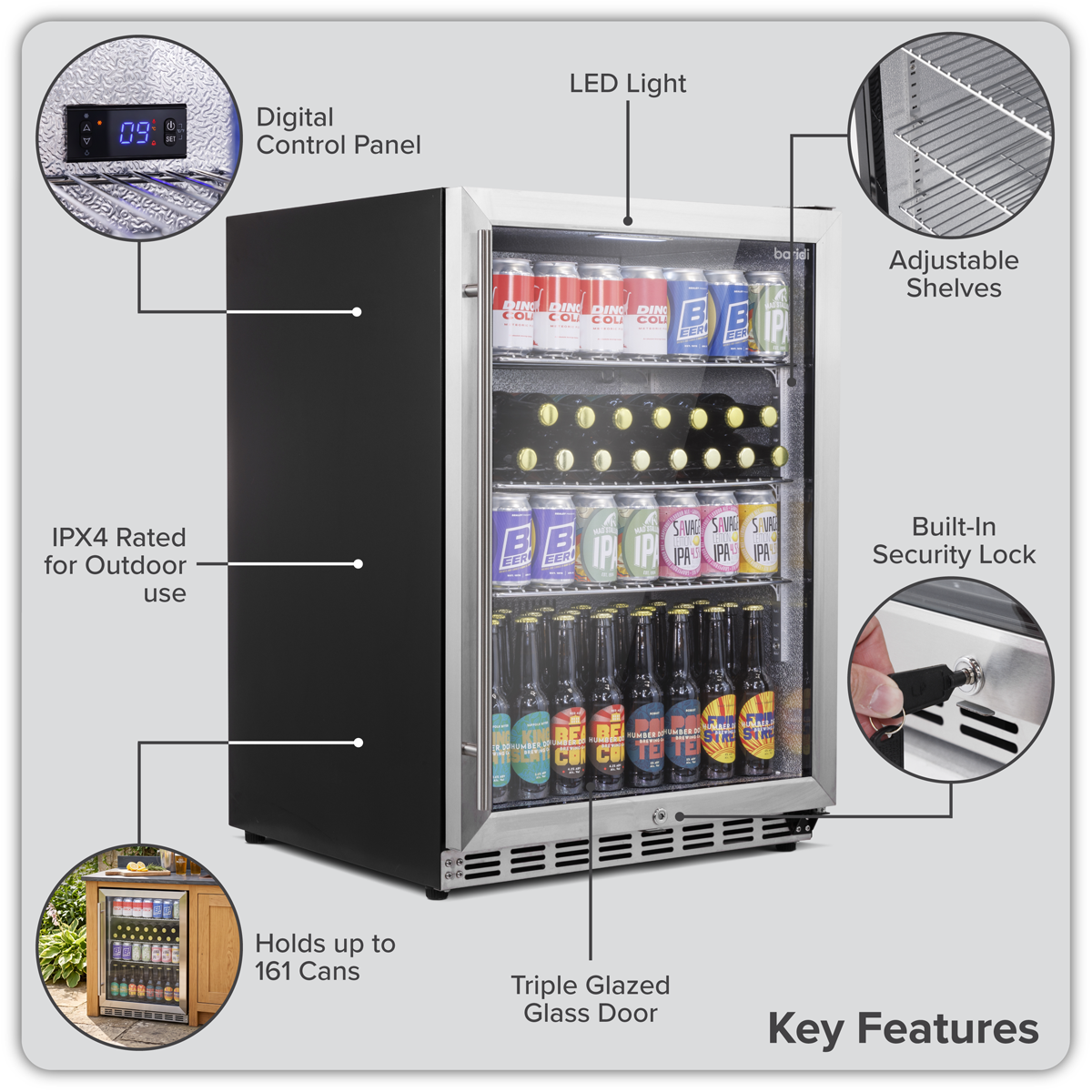 Outdoor Drinks/Beverage/Bar Fridge with Triple Glazed Door & Security Lock 150L - Stainless Steel DH439