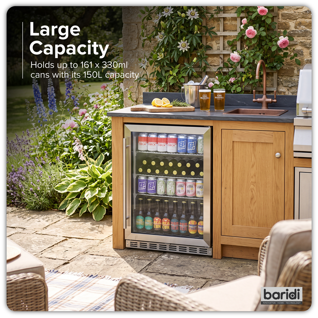 Outdoor Drinks/Beverage/Bar Fridge with Triple Glazed Door & Security Lock 150L - Stainless Steel DH439