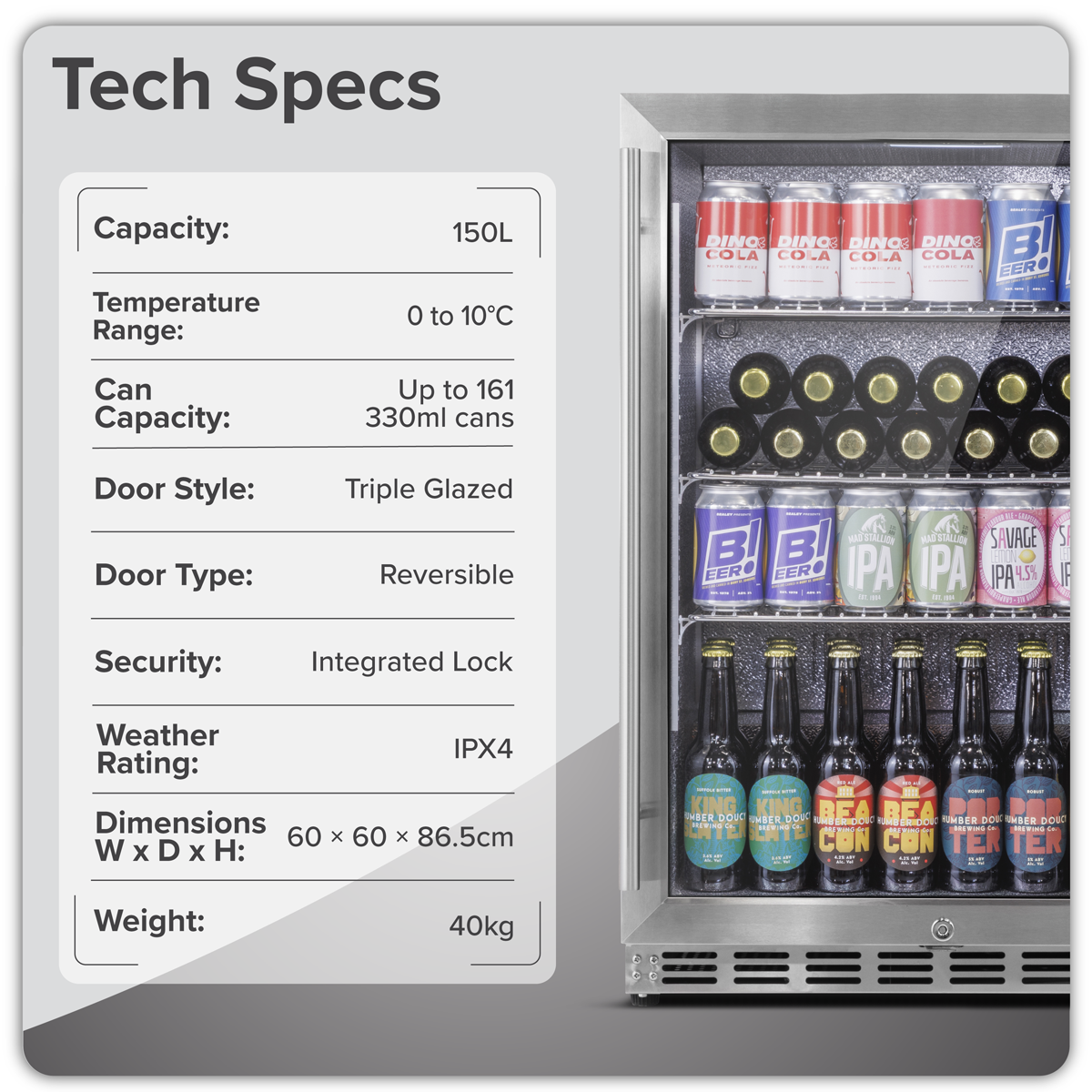 Outdoor Drinks/Beverage/Bar Fridge with Triple Glazed Door & Security Lock 150L - Stainless Steel DH439