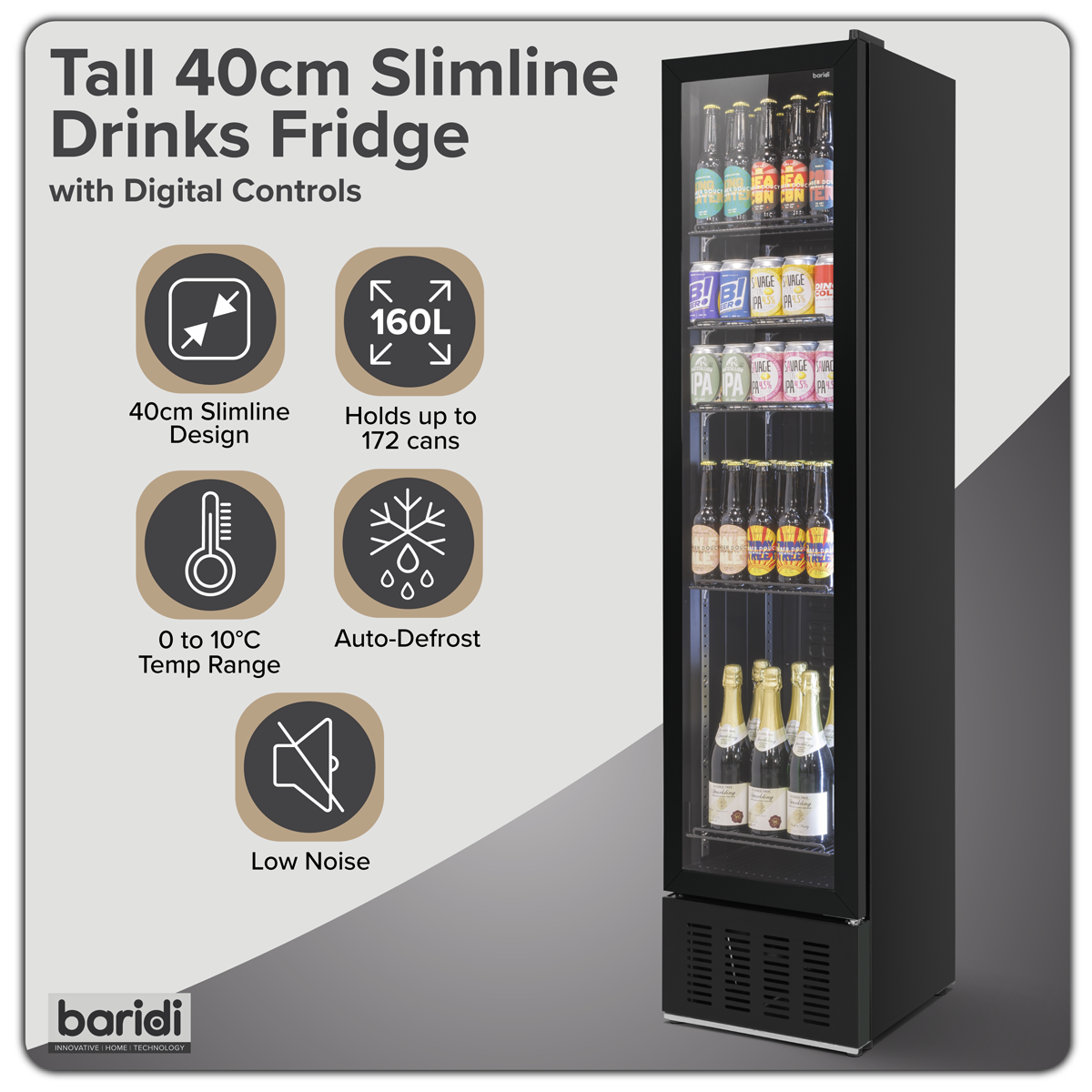 Tall Drinks/Bar Fridge with Digital Controls & Auto Defrost 160L - Black DH440
