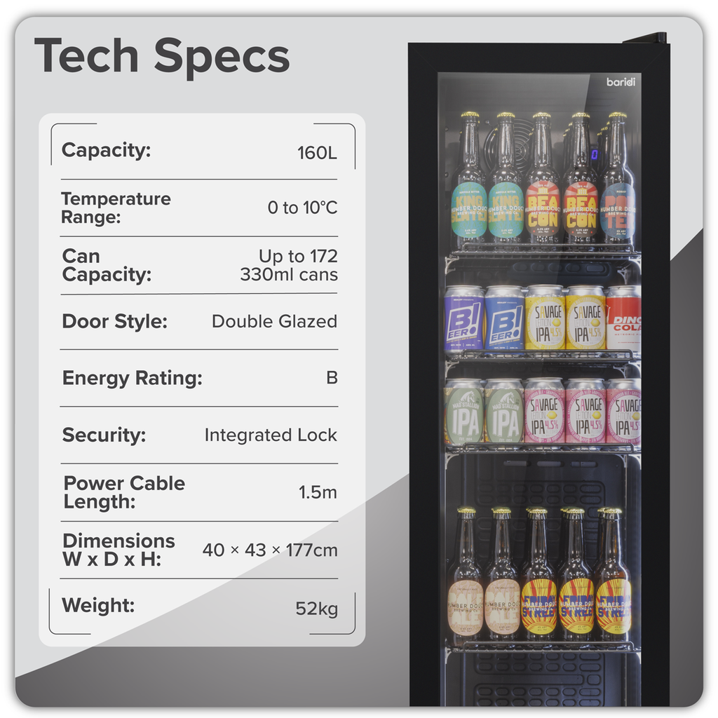 Tall Drinks/Bar Fridge with Digital Controls & Auto Defrost 160L - Black DH440