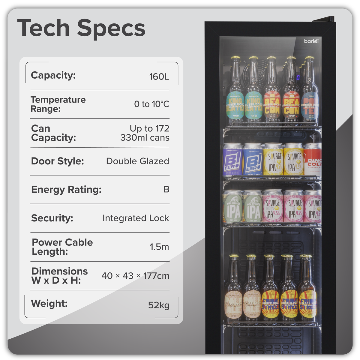 Tall Drinks/Bar Fridge with Digital Controls & Auto Defrost 160L - Black DH440