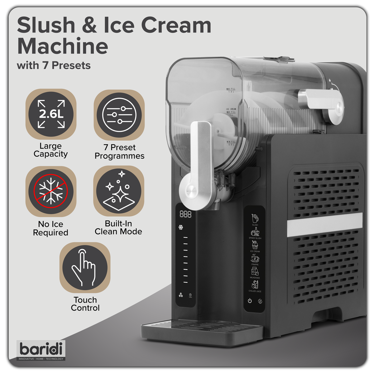 Slush & Ice Cream Machine, 7 Presets, 2.6L Capacity – Black DH443