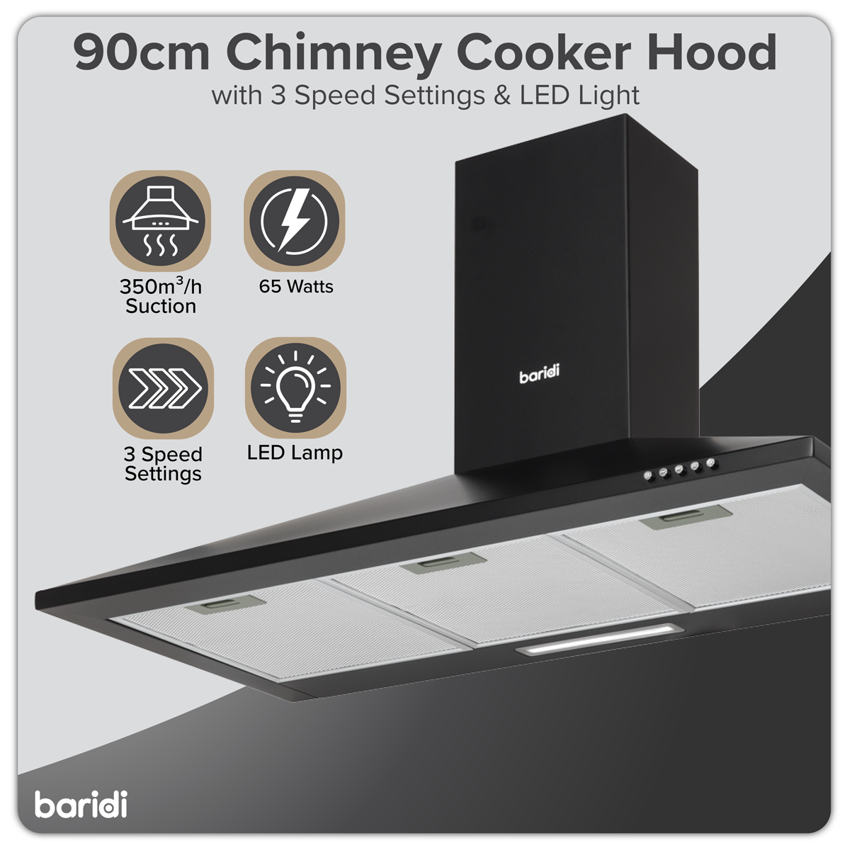 Chimney Style Cooker Hood with Carbon Filters 90cm - Black DH59