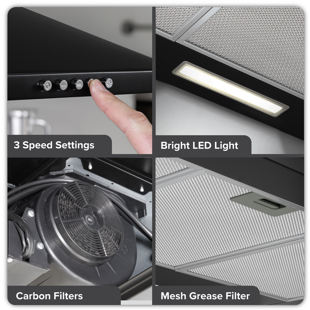 Chimney Style Cooker Hood with Carbon Filters 90cm - Black DH59