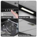 Chimney Style Cooker Hood with Carbon Filters 90cm - Black DH59
