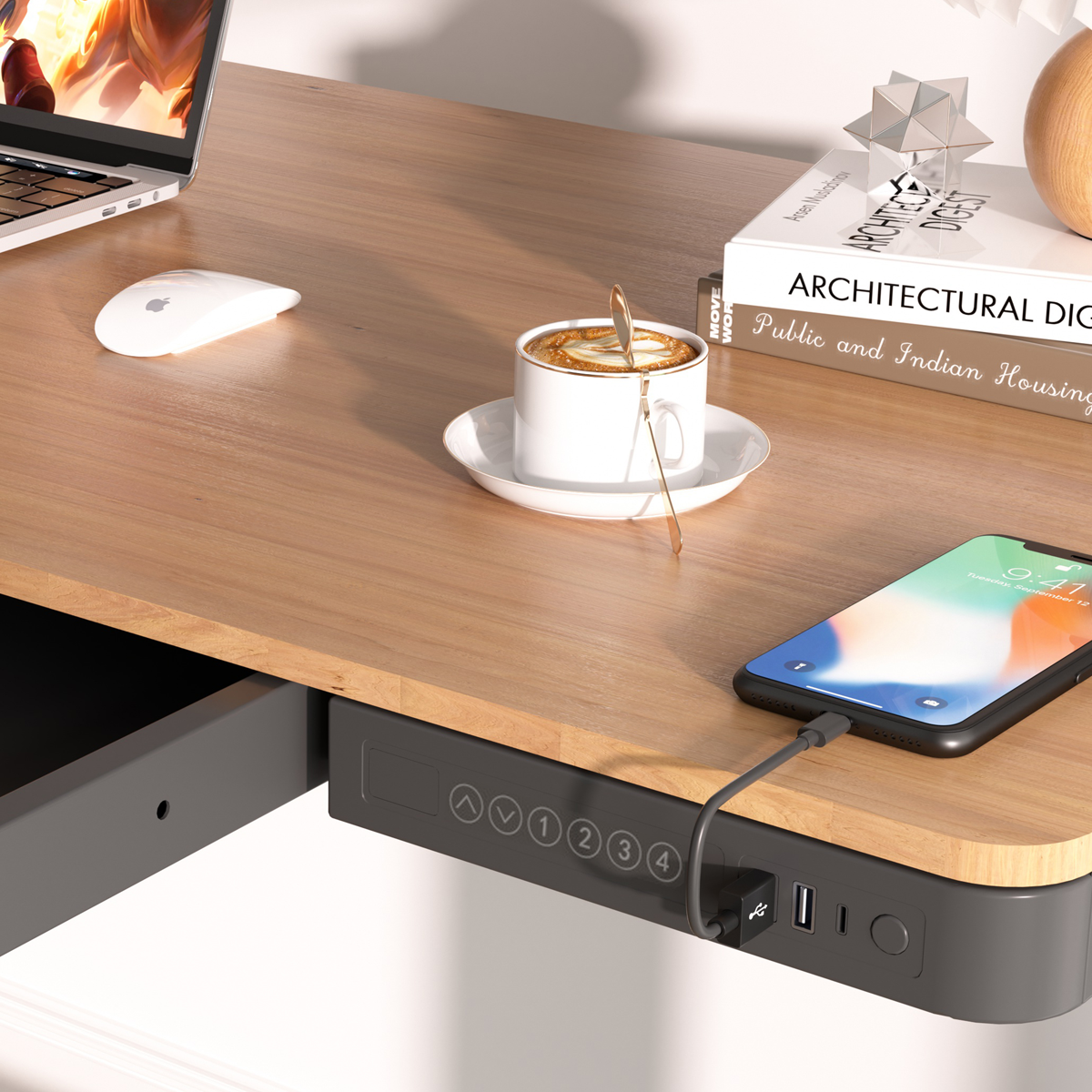 Single Motor Ultra-Quiet Electric Desk with Control Panel, USB Port & Drawer - Oak Desktop DH65