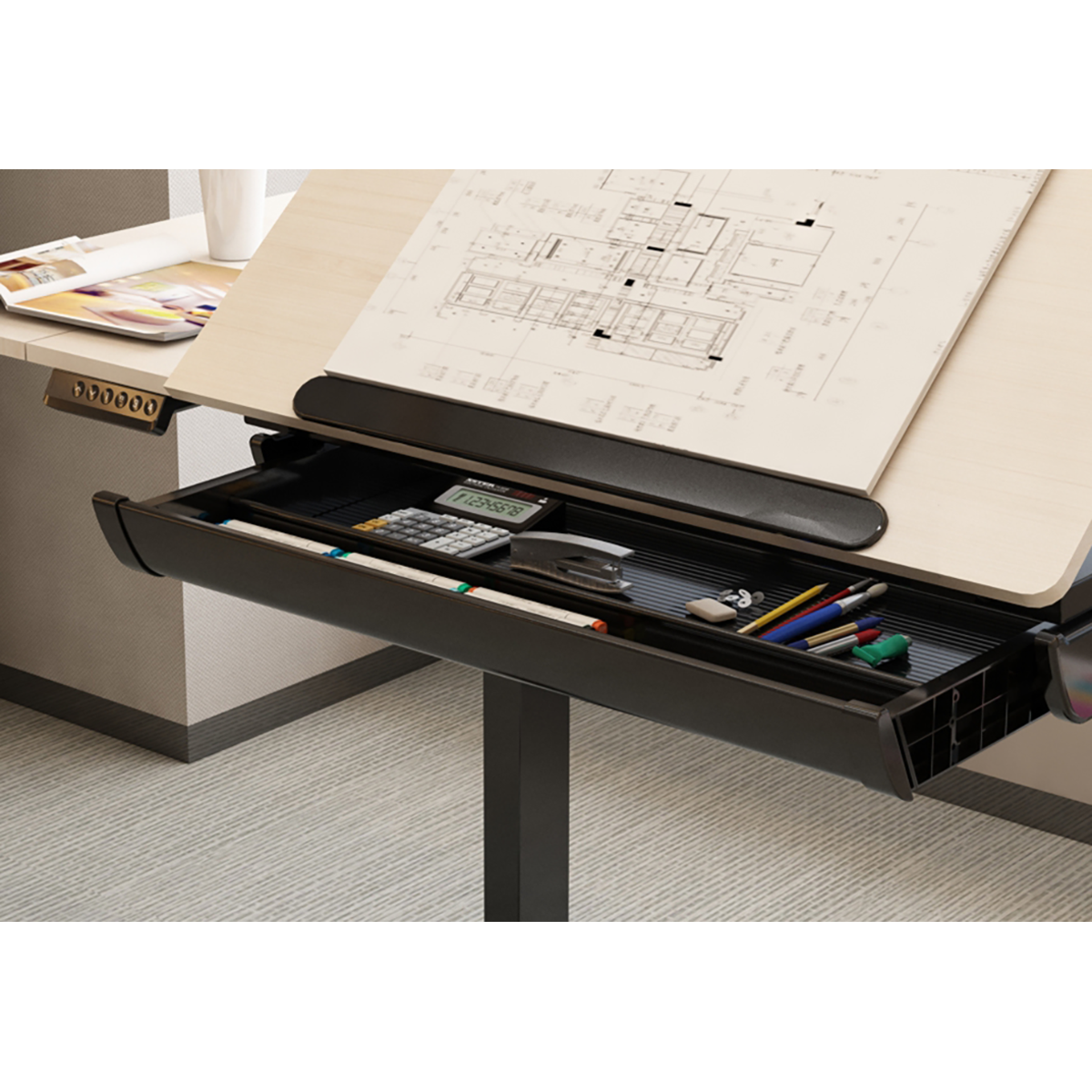 Single Motor Ultra-Quiet Electric Adjustable Drawing Table with 40° Tilt, Drawer & Side Table DH71