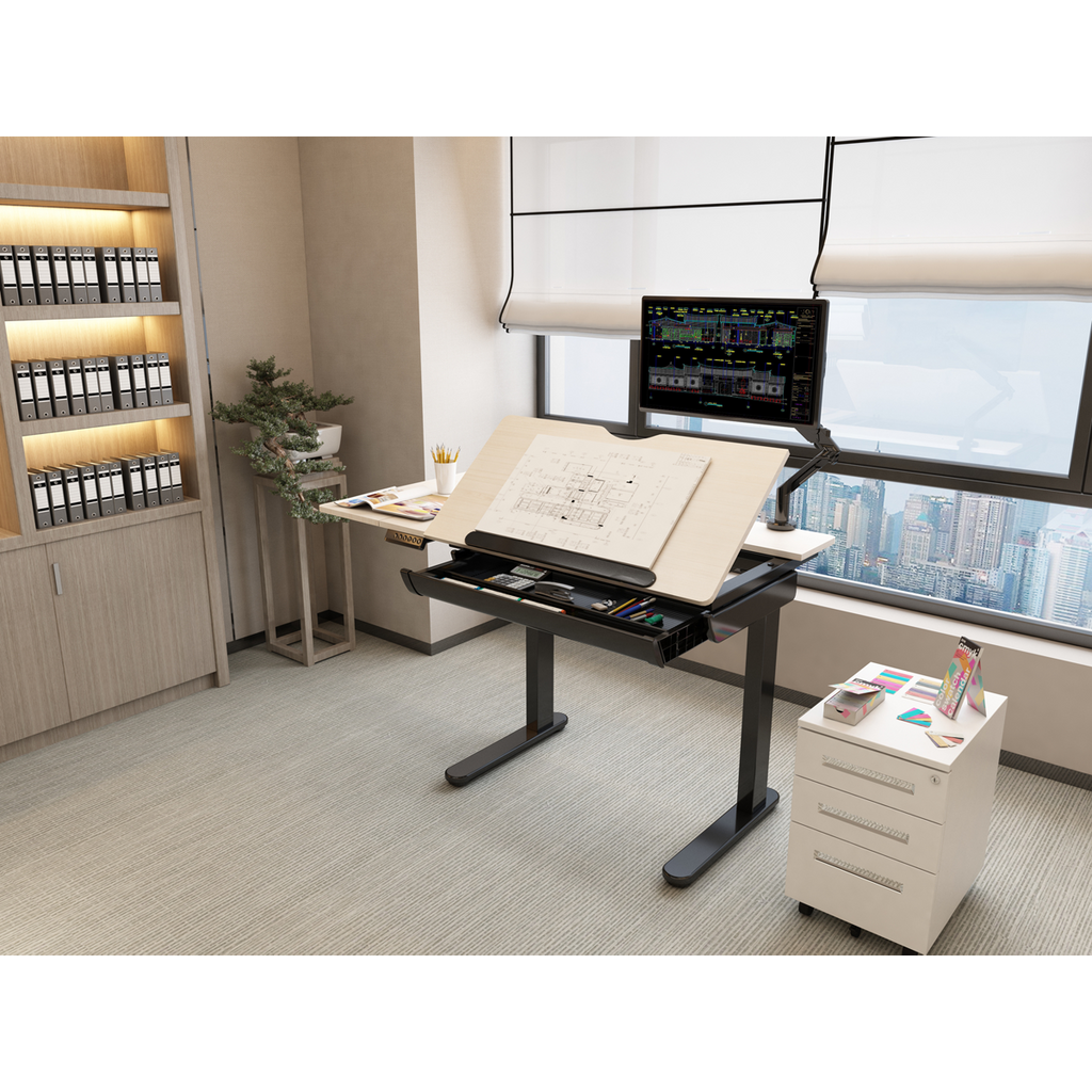 Single Motor Ultra-Quiet Electric Adjustable Drawing Table with 40° Tilt, Drawer & Side Table DH71