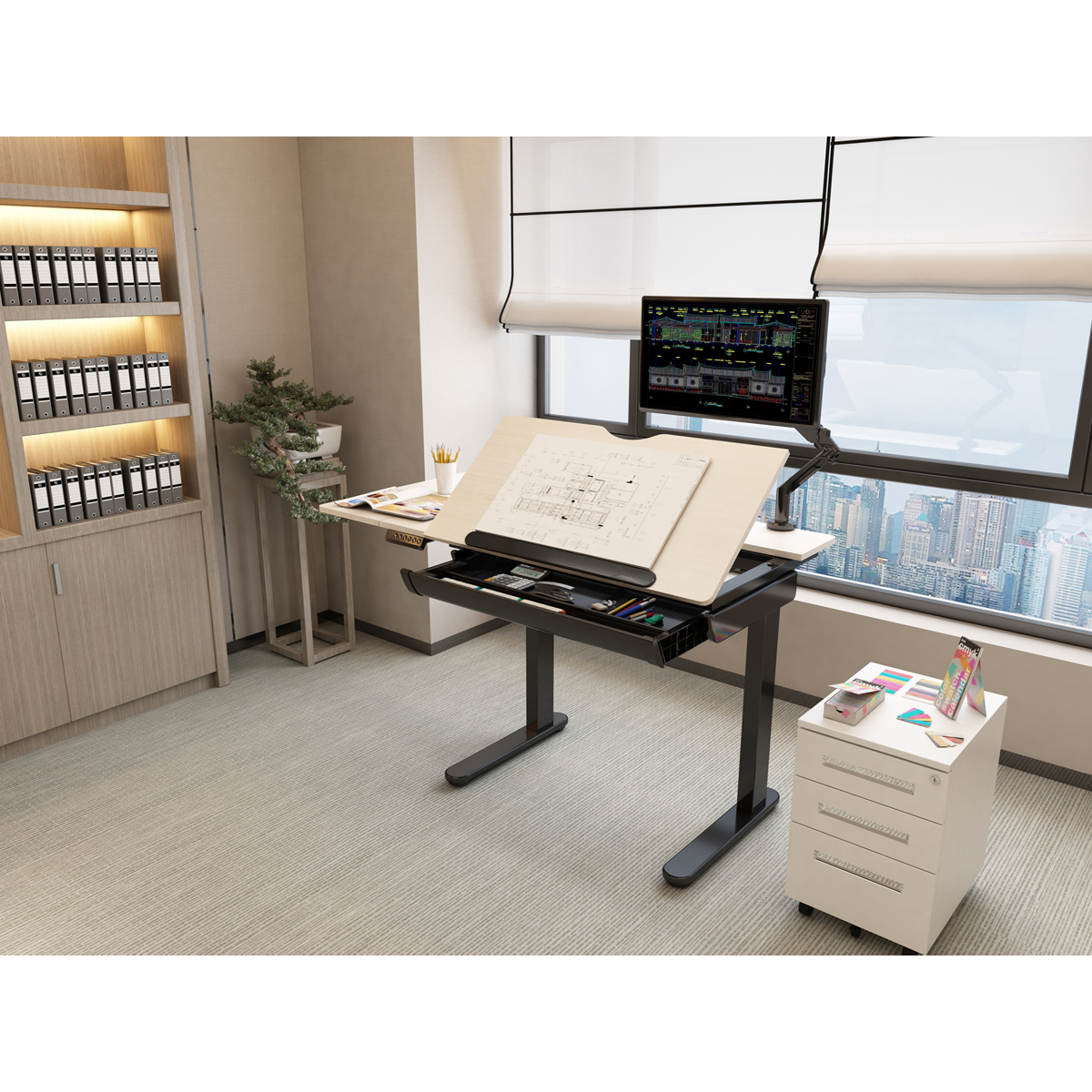 Single Motor Ultra-Quiet Electric Adjustable Drawing Table with 40° Tilt, Drawer & Side Table DH71