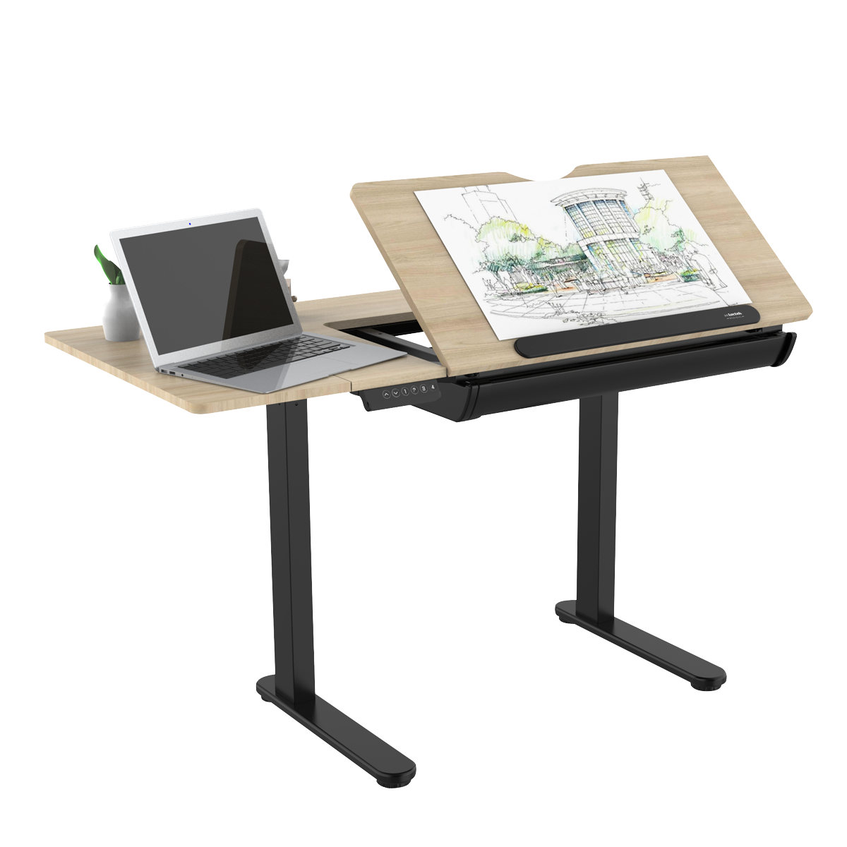 Single Motor Ultra-Quiet Electric Adjustable Drawing Table with 40° Tilt, Drawer & Side Table DH71