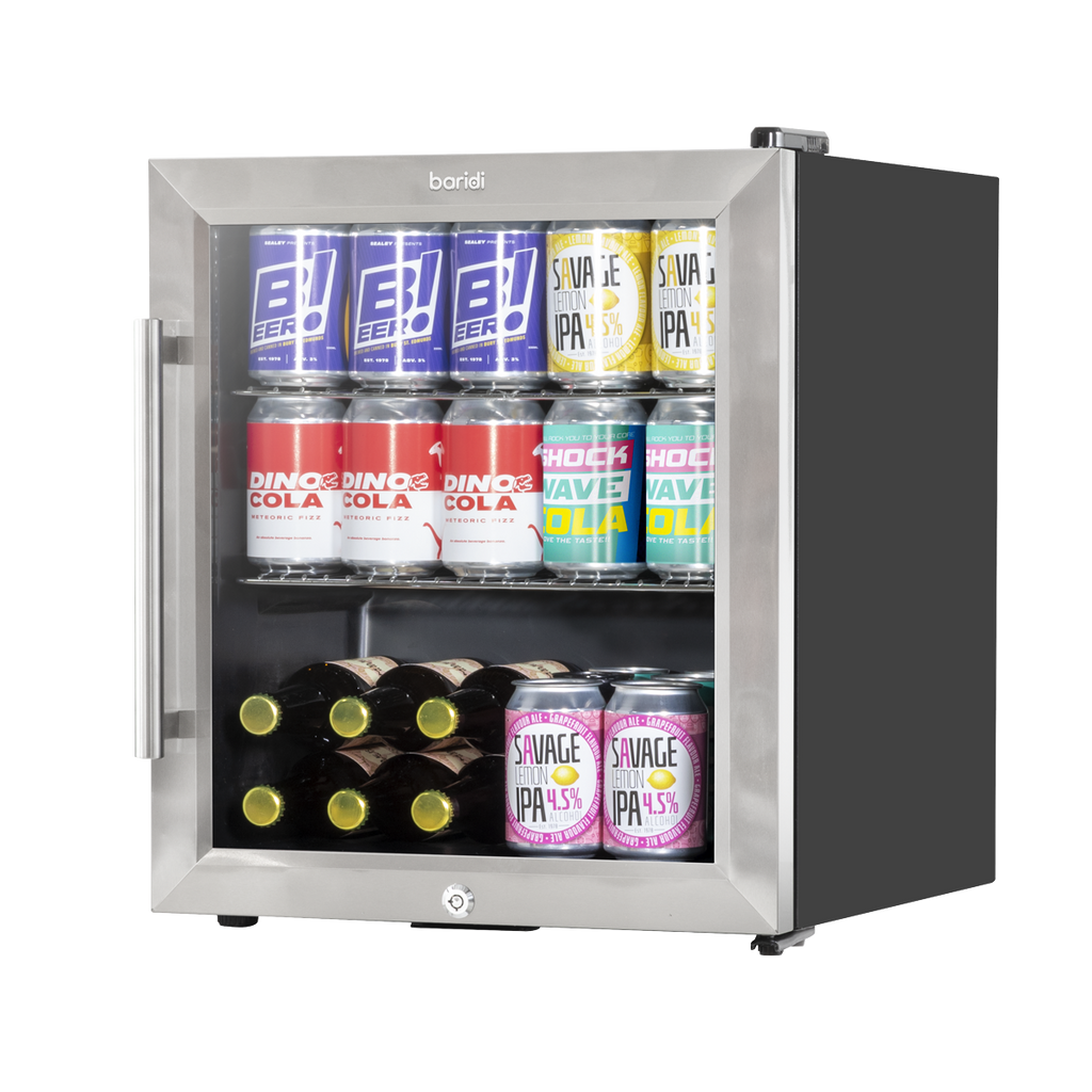 Mini Tabletop Beer & Drinks Fridge with Lock & Key, Metal Shelves & LED Light 50L - Stainless Steel DH75