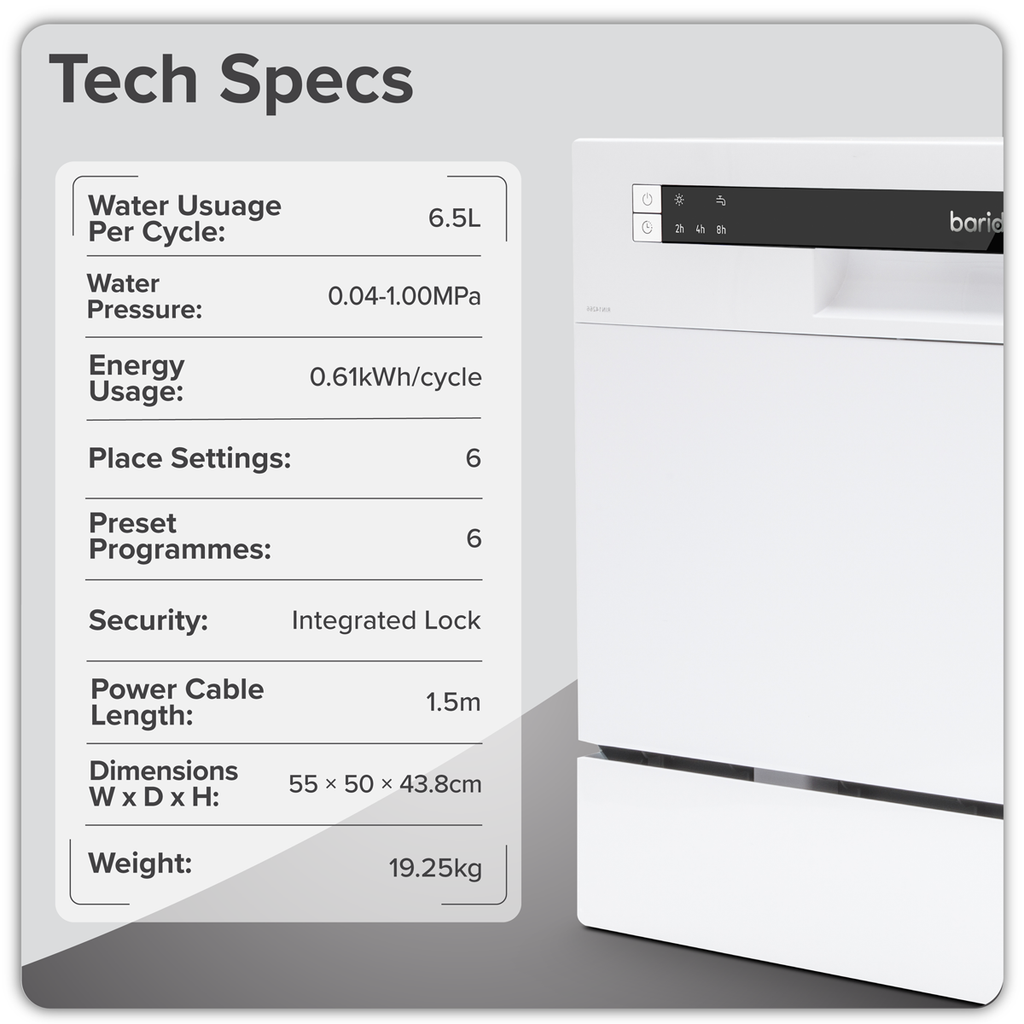 Tabletop Dishwasher 6 Place Settings 6.5L Capacity - White DH83