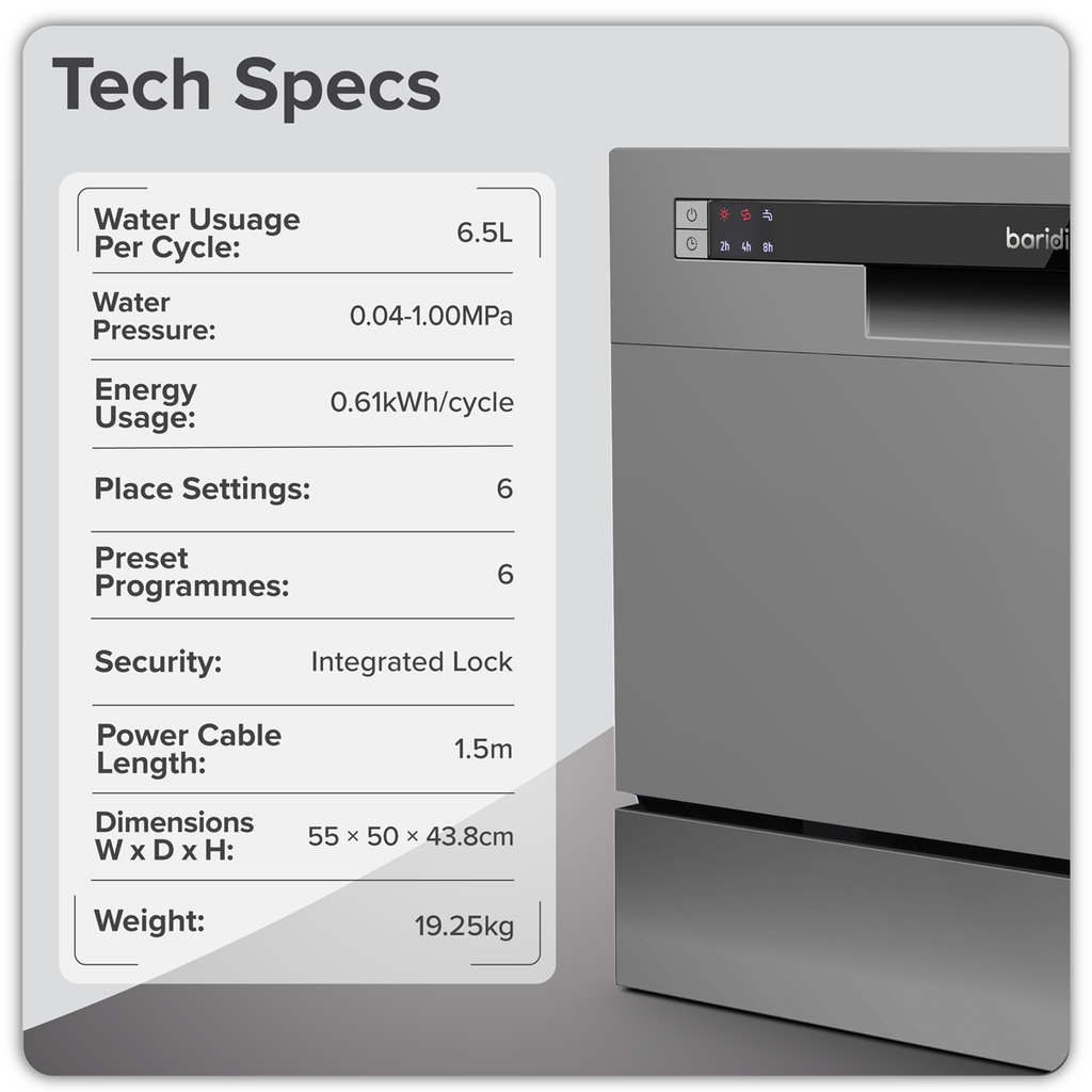 Tabletop Dishwasher 6 Place Settings 6.5L Capacity - Silver DH84
