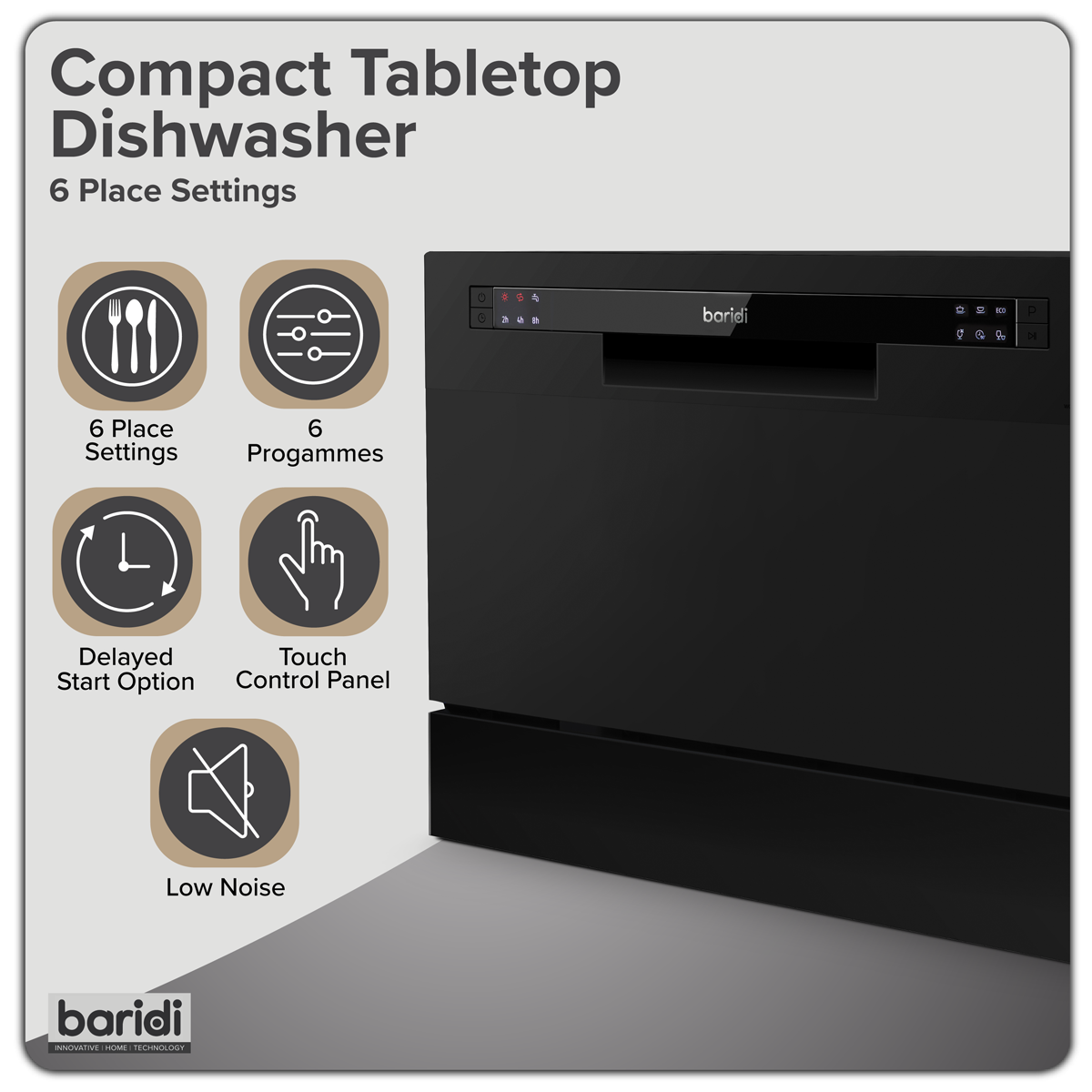 Tabletop Dishwasher 6 Place Settings 6.5L Capacity - Black DH85