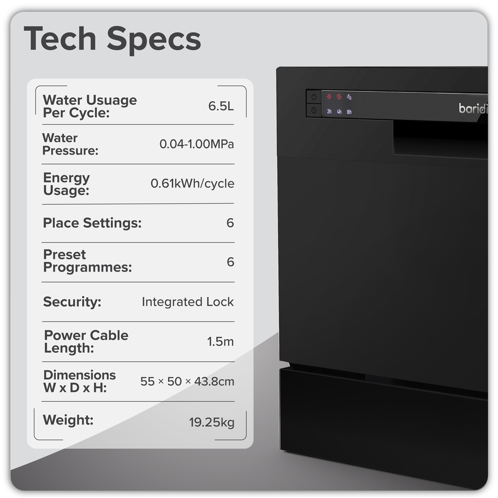 Tabletop Dishwasher 6 Place Settings 6.5L Capacity - Black DH85